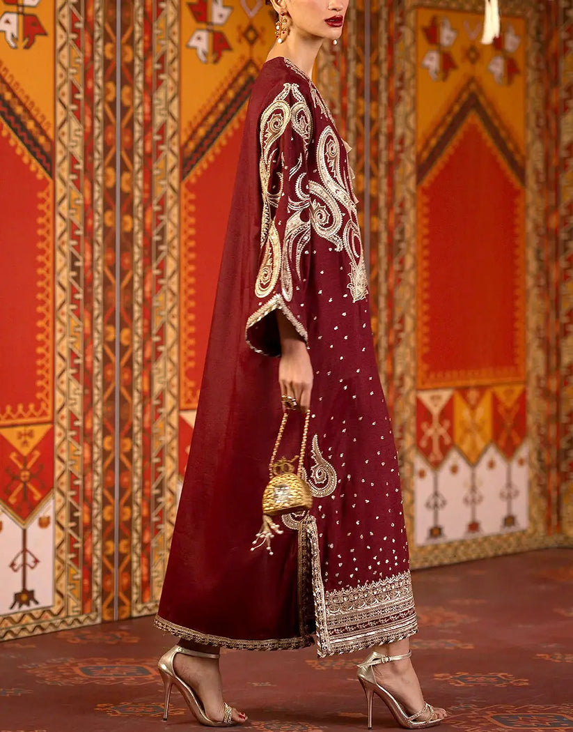 Luxury 3PC Embroidered Maroon Silk Kaftan Party Dress with Embroidered Silk Dupatta