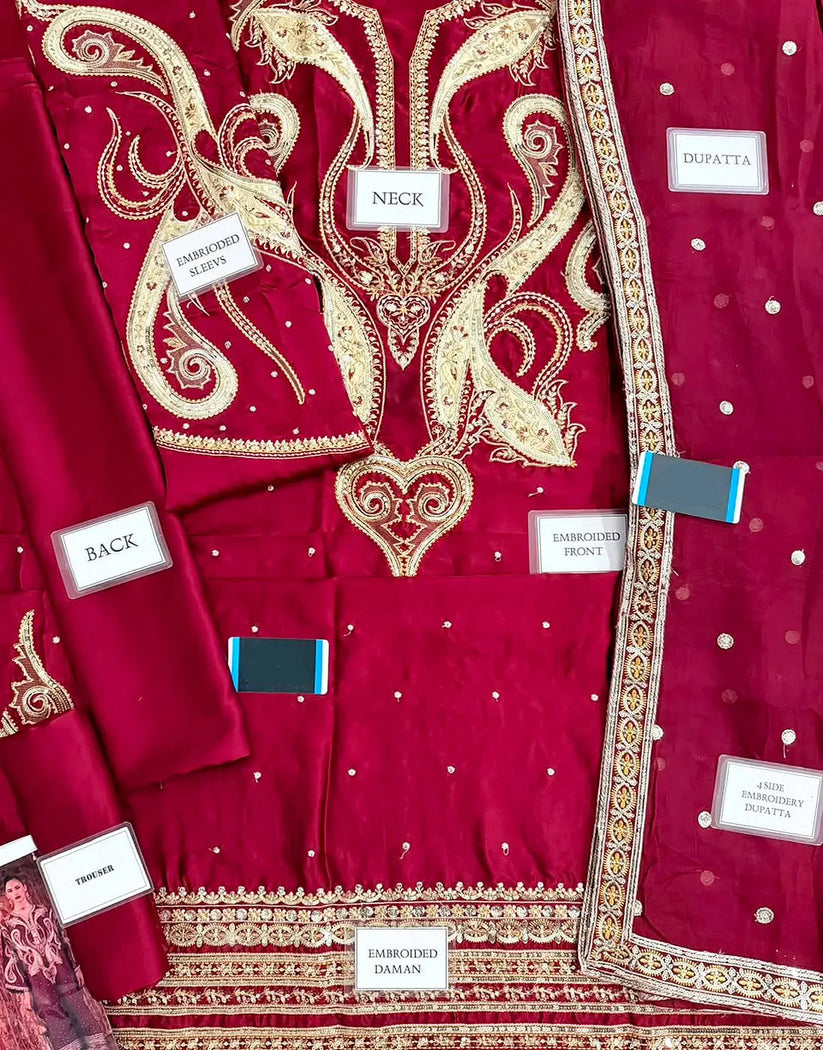 Luxury 3PC Embroidered Maroon Silk Kaftan Party Dress with Embroidered Silk Dupatta