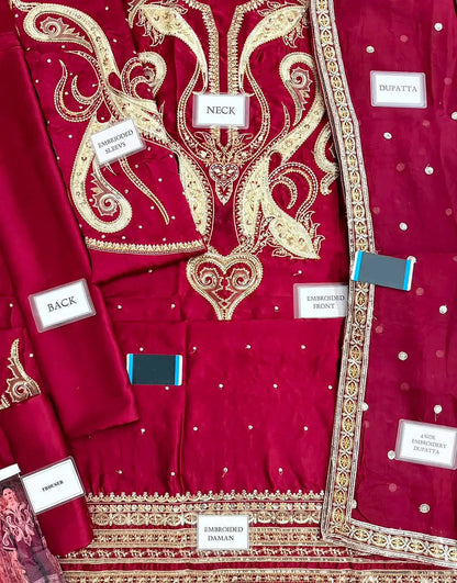 Luxury 3PC Embroidered Maroon Silk Kaftan Party Dress with Embroidered Silk Dupatta
