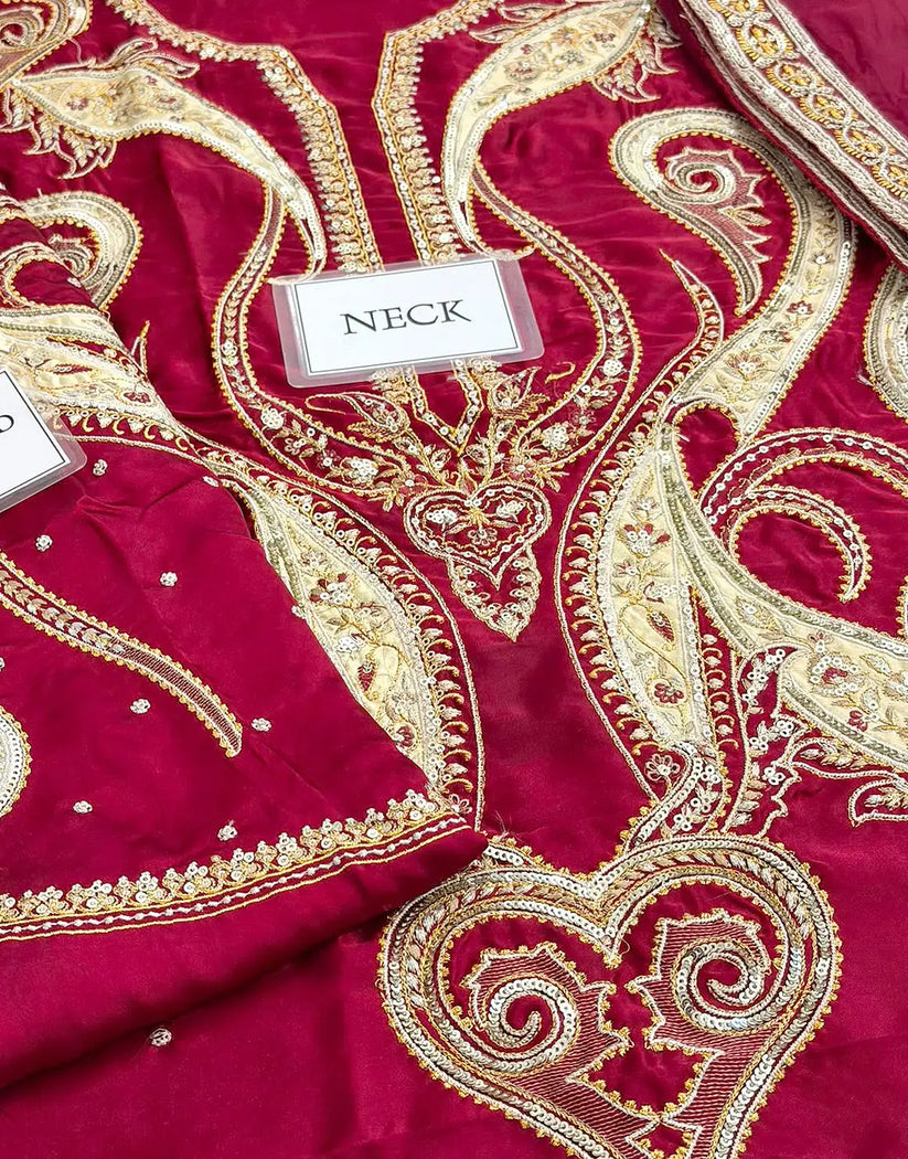 Luxury 3PC Embroidered Maroon Silk Kaftan Party Dress with Embroidered Silk Dupatta