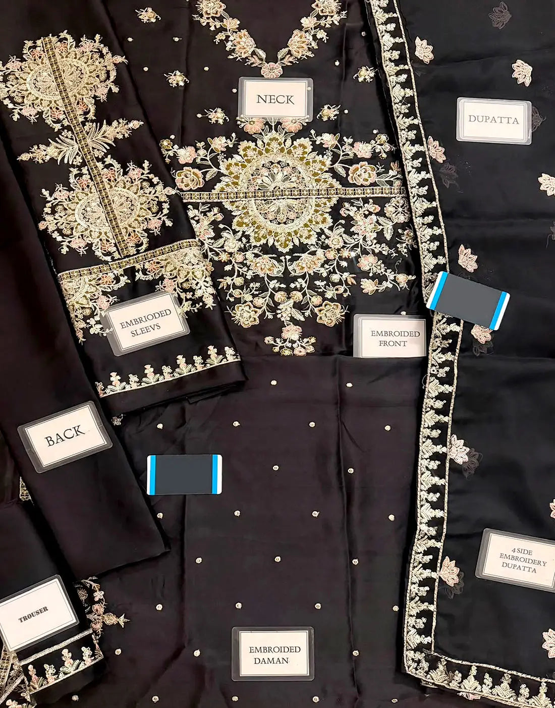 Glamorous Embroidered Black Silk Long Kaftan 3PC Dress for Weddings