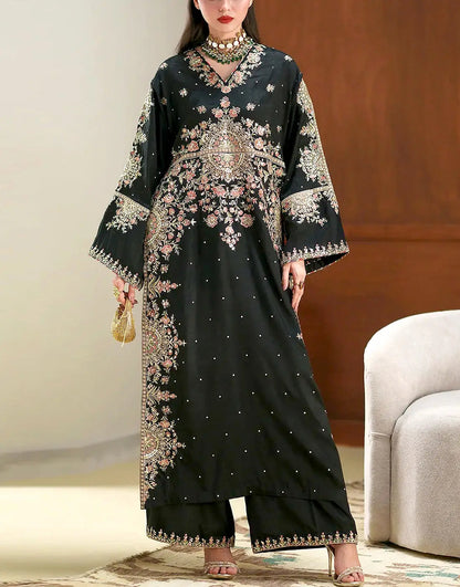 Glamorous Embroidered Black Silk Long Kaftan 3PC Dress for Weddings