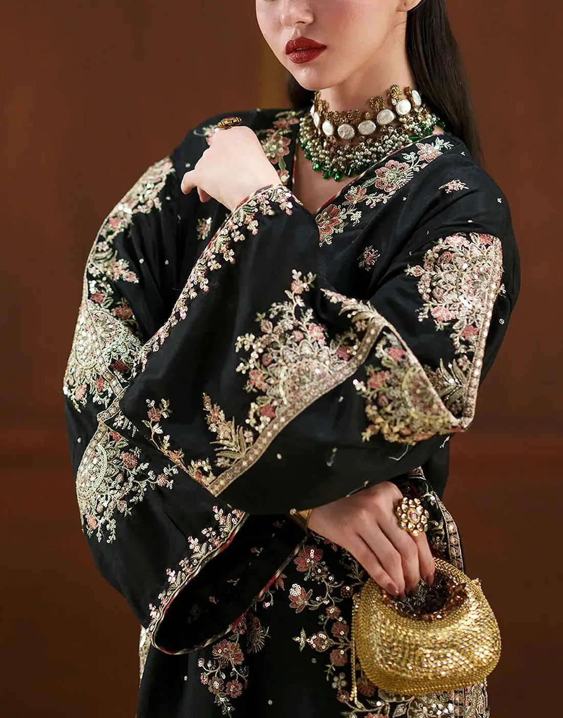 Glamorous Embroidered Black Silk Long Kaftan 3PC Dress for Weddings