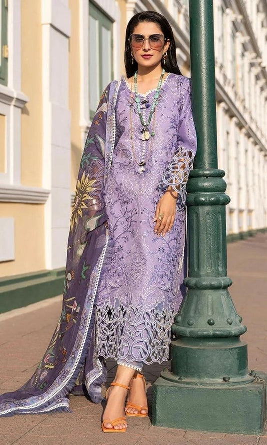 lawn 3pc unstitched heavy embroidered suit with silk digital printed dupatta