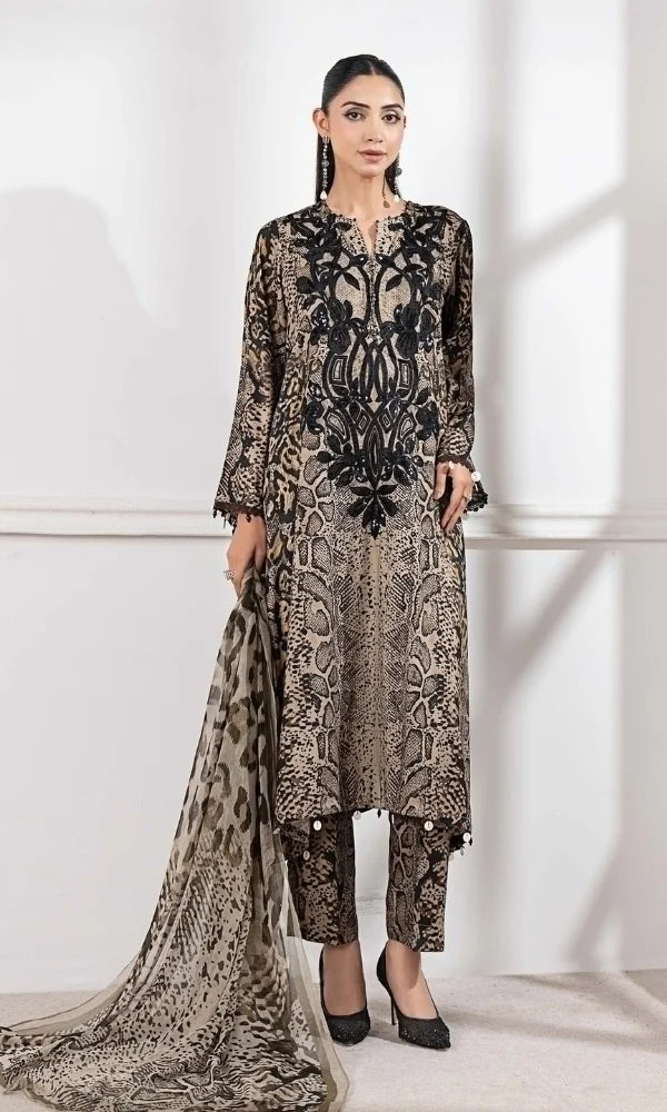 3 Piece Silk Print Embroidered Suit - KMP - 130