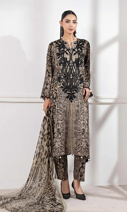3 Piece Silk Print Embroidered Suit - KMP - 130