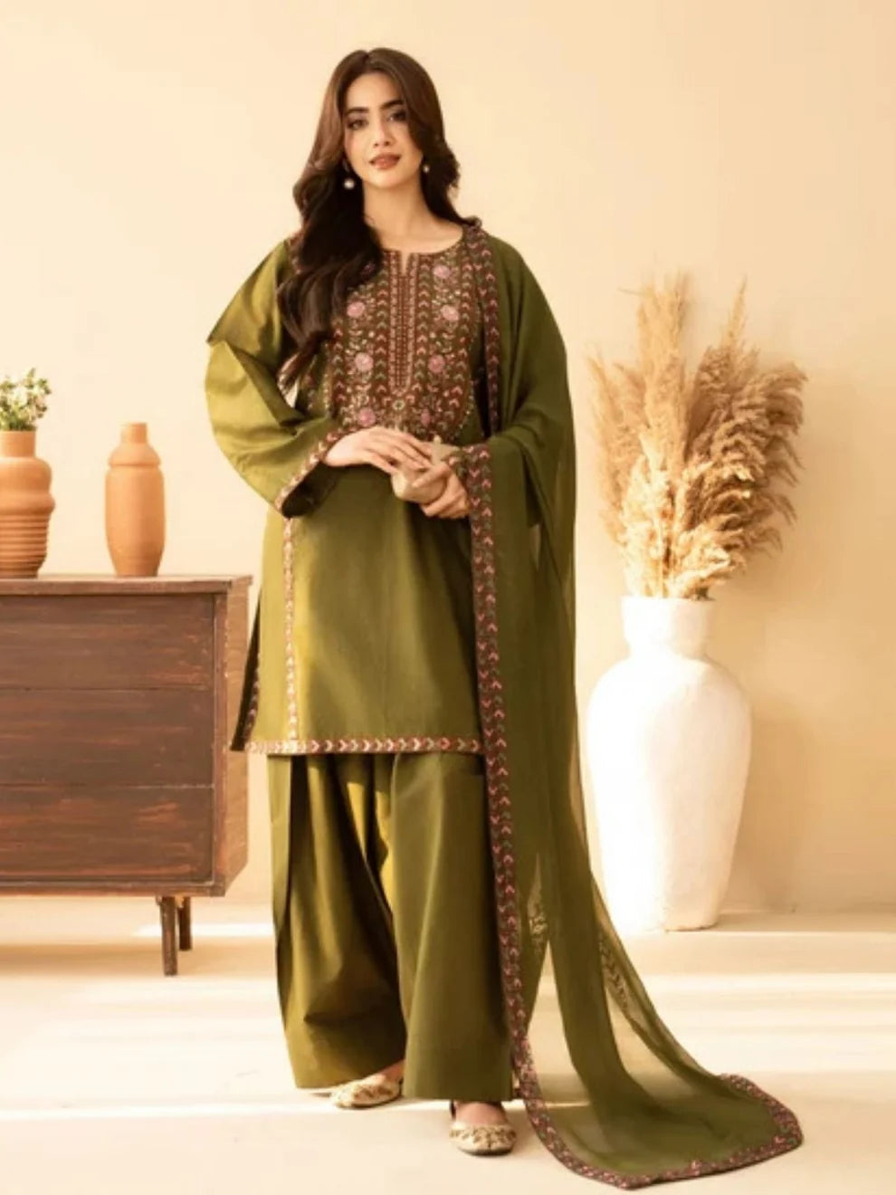 Dhanak 3pc unstitched embroiered collection suit