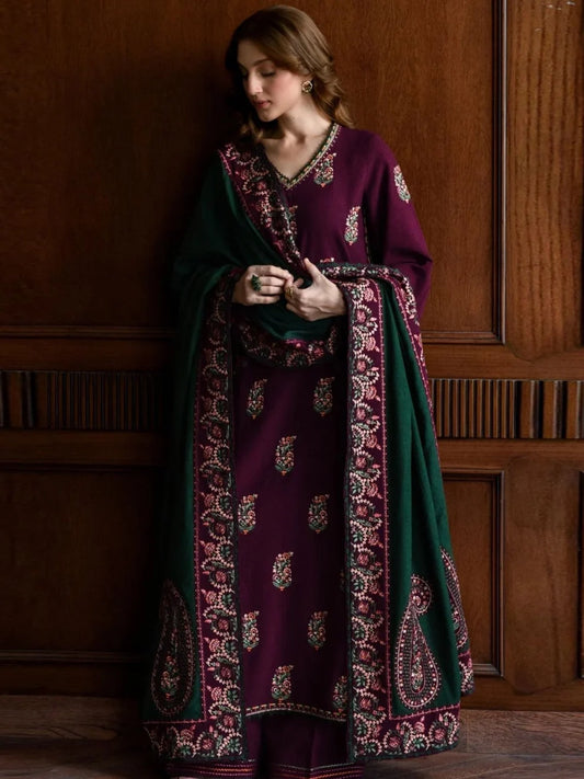 Dhanak 3pc unstitched winter collection embroidered suit with ready to wear shawl