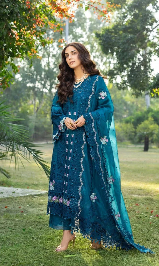 DHANAK Embroidered 3 Piece Chikn Kari RTW Dupatta SHAWL - ELY - SAPPHIRE