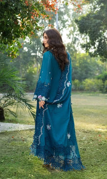 DHANAK Embroidered 3 Piece Chikn Kari RTW Dupatta SHAWL - ELY - SAPPHIRE
