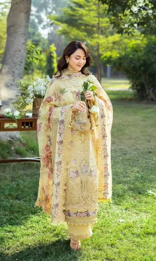 DHANAK Unstitched 3 Piece Embroidered Chikn Kari RTW Embroidered SHAWL - SOUCI