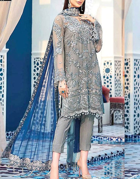 Intricately Embroidered Grey Net Bridal Dress for Wedding & Formal Wear