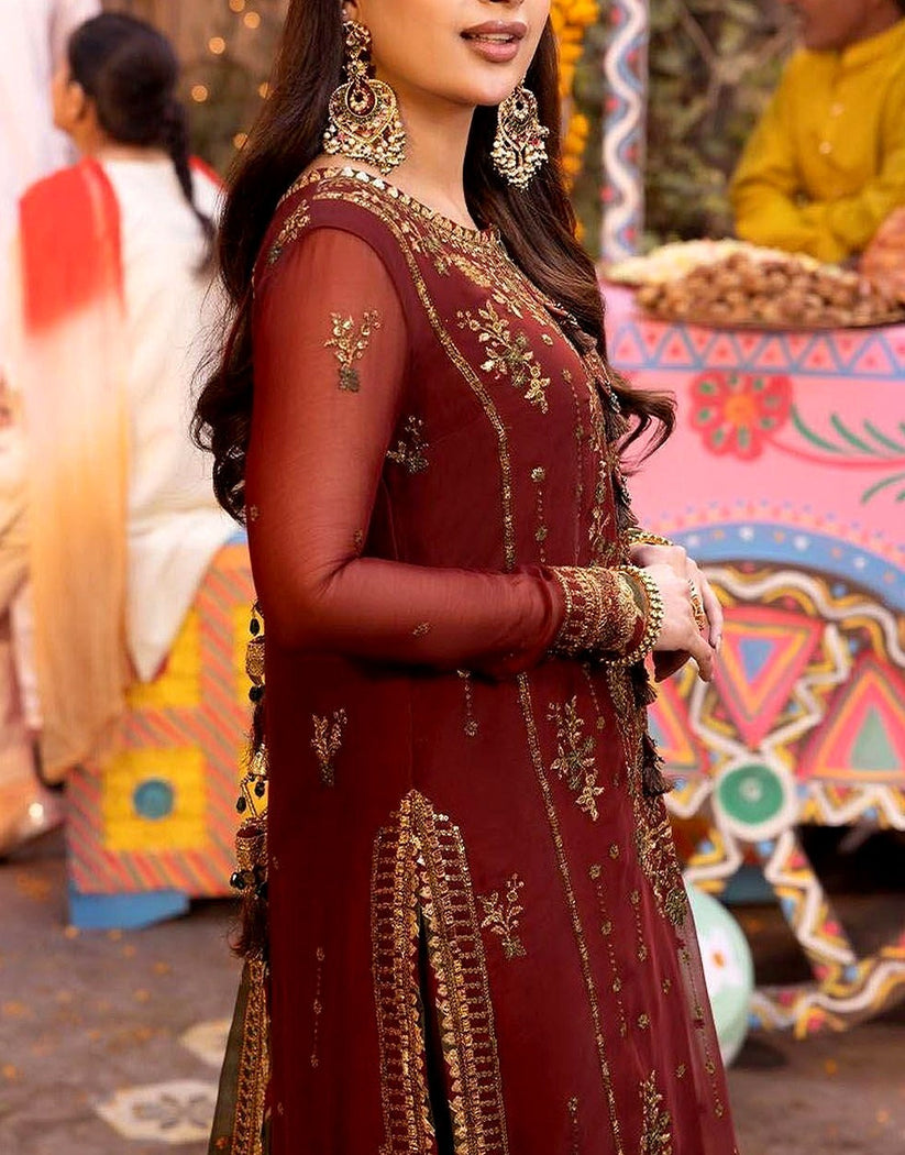 Adorable Embroidered Maroon Chiffon Dress - Perfect for Mehndi & Wedding Functions