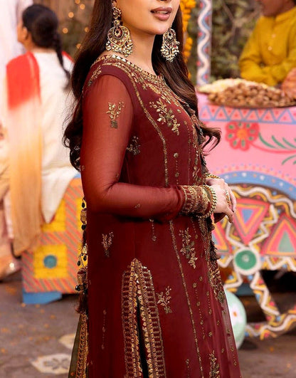 Adorable Embroidered Maroon Chiffon Dress - Perfect for Mehndi & Wedding Functions