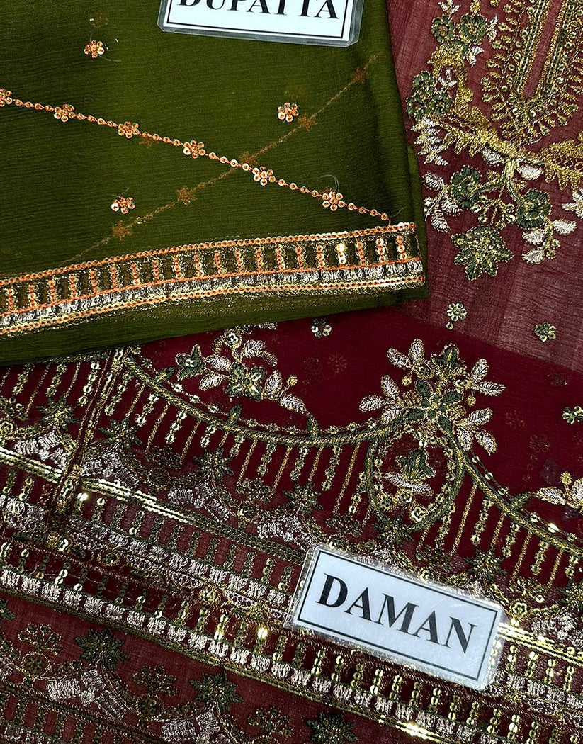 Adorable Embroidered Maroon Chiffon Dress - Perfect for Mehndi & Wedding Functions