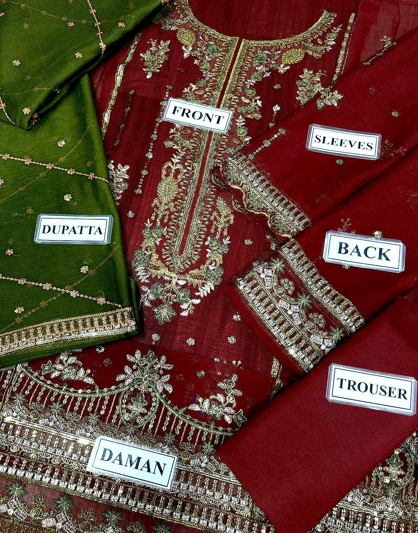 Adorable Embroidered Maroon Chiffon Dress - Perfect for Mehndi & Wedding Functions