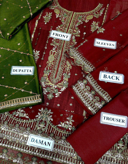 Adorable Embroidered Maroon Chiffon Dress - Perfect for Mehndi & Wedding Functions
