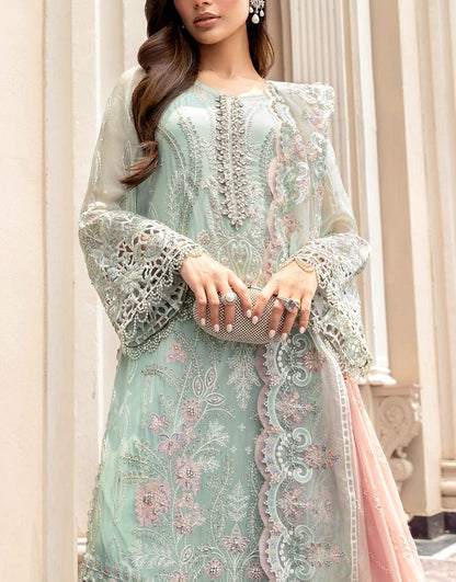 Glamorous Embroidered & Cutwork Mint Green Chiffon Wedding Dress with Rich Embellishments