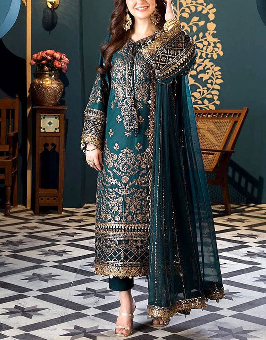 Heavy Embroidered Peacock Green Chiffon Dress for Formal Parties & Weddings