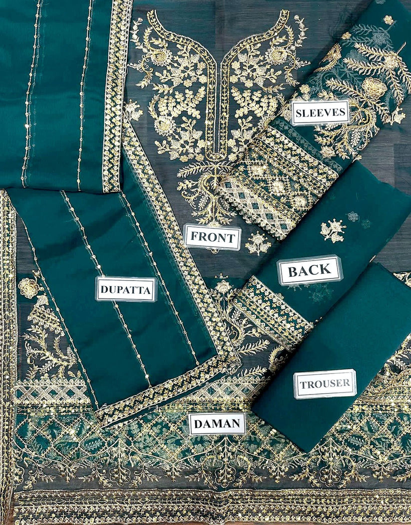 Heavy Embroidered Peacock Green Chiffon Dress for Formal Parties & Weddings