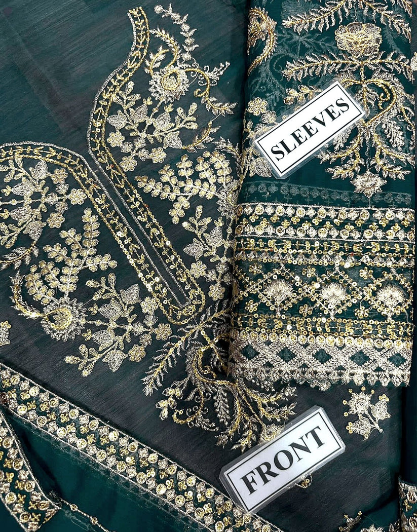 Heavy Embroidered Peacock Green Chiffon Dress for Formal Parties & Weddings