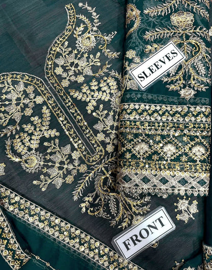 Heavy Embroidered Peacock Green Chiffon Dress for Formal Parties & Weddings