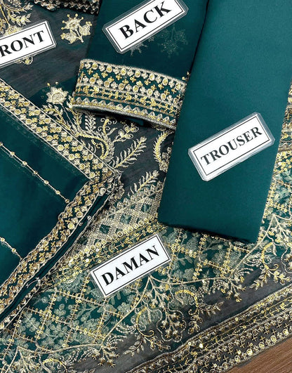 Heavy Embroidered Peacock Green Chiffon Dress for Formal Parties & Weddings