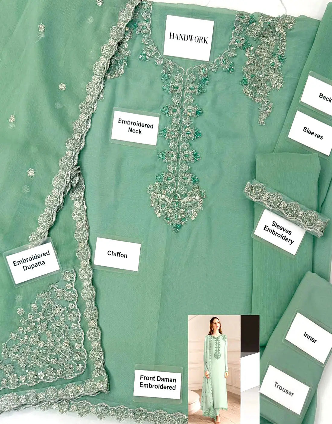 Alluring Embroidered Green Formal & Party Wear Chiffon Dress