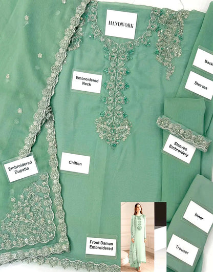 Alluring Embroidered Green Formal & Party Wear Chiffon Dress