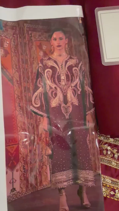 Luxury 3PC Embroidered Maroon Silk Kaftan Party Dress with Embroidered Silk Dupatta
