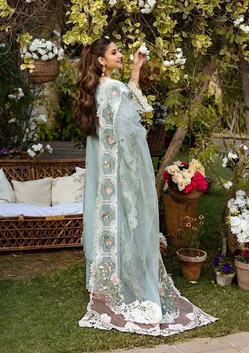 Lawn 3pc unstitched chiken kari embroiered with khaddi net(ready to waer duppata) summer collection suit