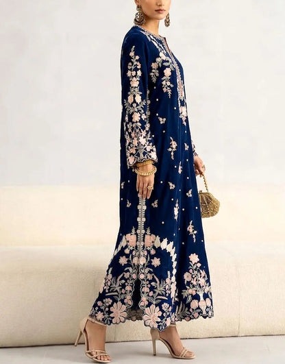 Trendy 2-Piece Embroidered Navy Blue Silk Kaftan Dress for Girls