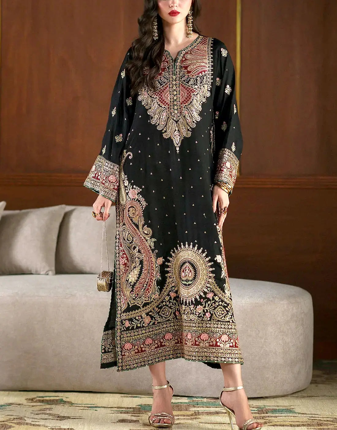 Luxury 3pc Embroidered Black Silk Modern Long Kaftan Dress – Perfect for Brides & Wedding Events 2026