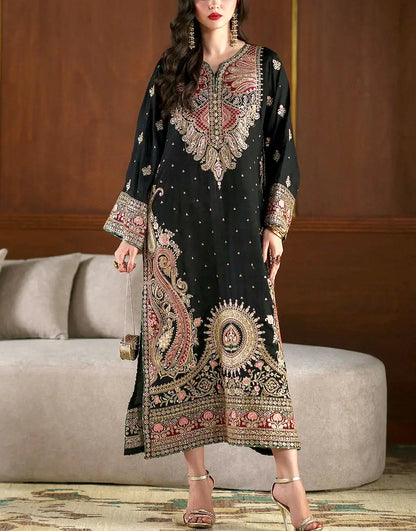 Luxury 3pc Embroidered Black Silk Modern Long Kaftan Dress – Perfect for Brides & Wedding Events 2026