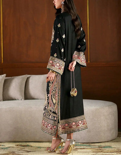 Luxury 3pc Embroidered Black Silk Modern Long Kaftan Dress – Perfect for Brides & Wedding Events 2026