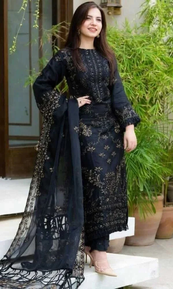 Dhanak 3pc unstitched heavy embroidered suit with embroidered dupatta